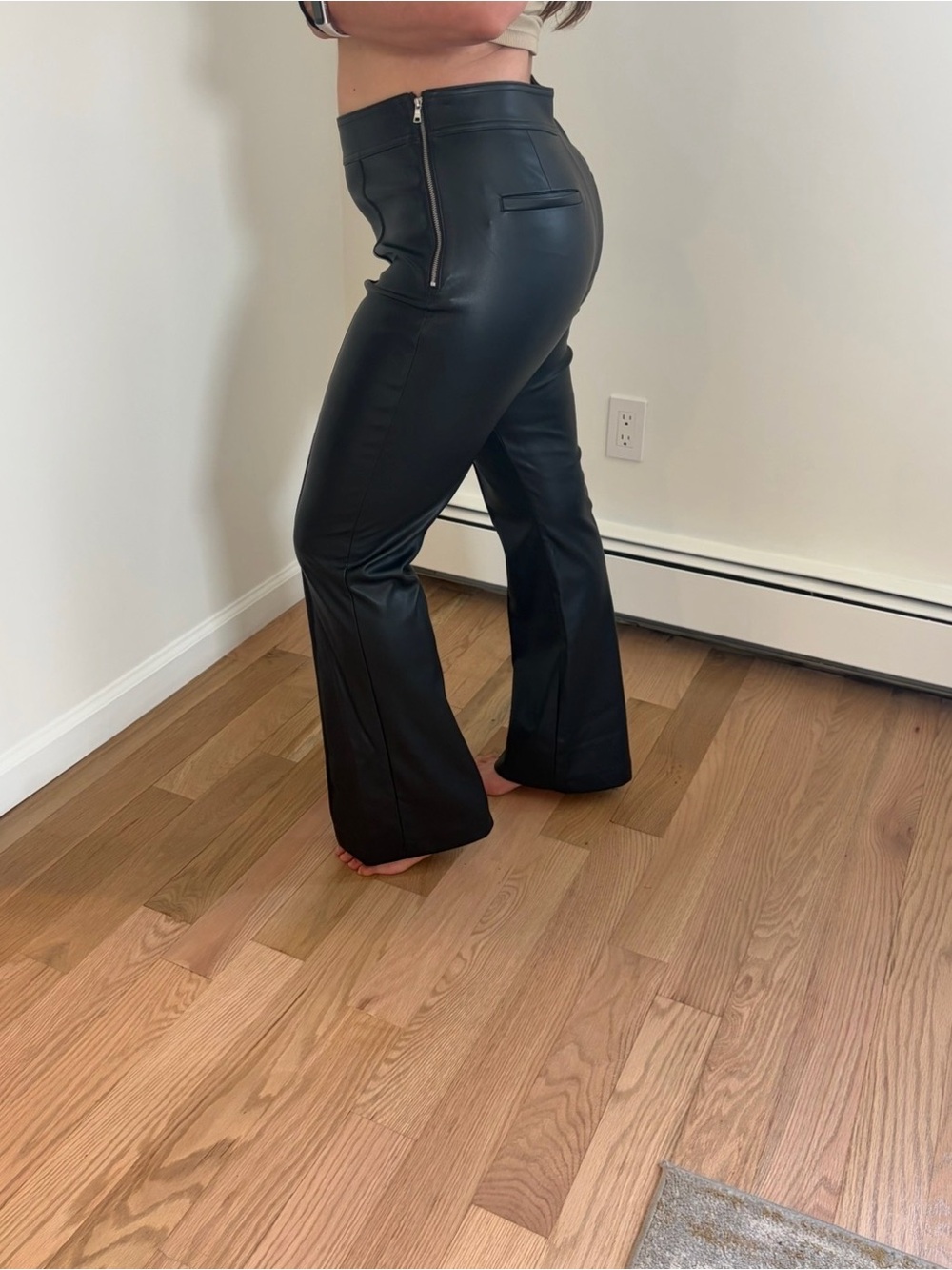 LOFT Size 10 Black Faux Leather Look.
Long Bootcut Flare Pants. Side Zipper. - Picture 3 of 15